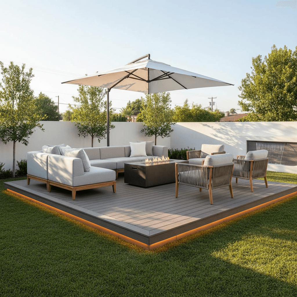 Custom deck with modern design and outdoor seating