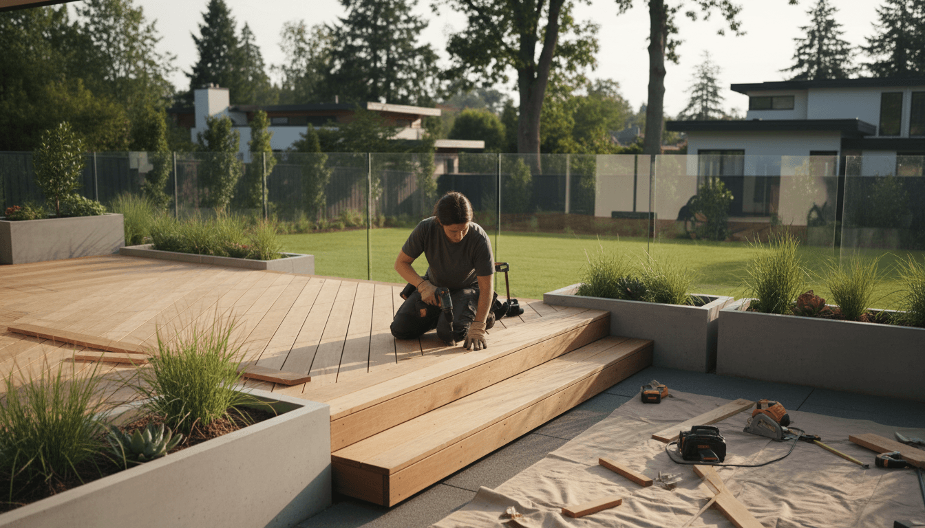 Professional landscaper building a custom deck in a modern residential backyard