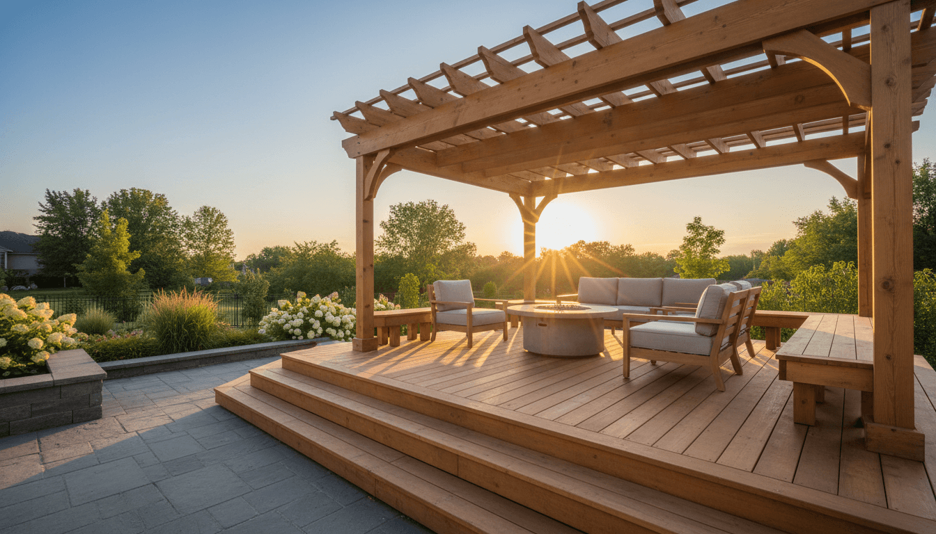 Custom wooden deck in residential backyard