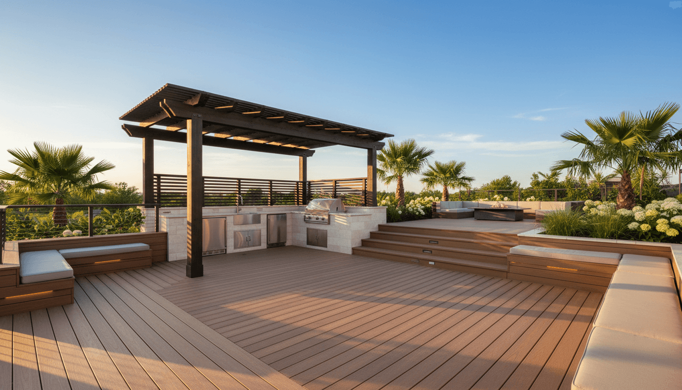 Modern backyard with custom wooden deck, stone patio, and professional landscaping